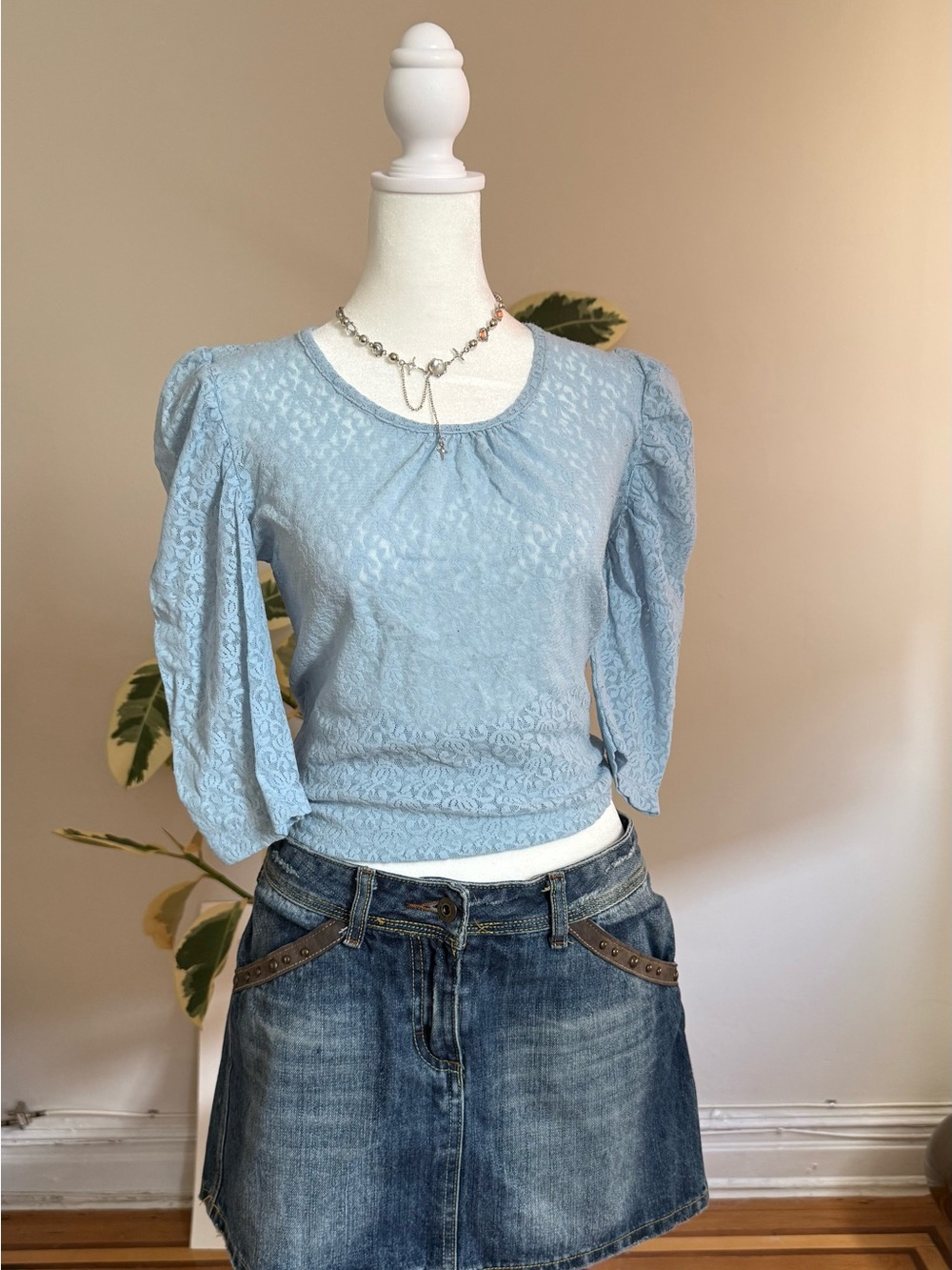 Sky Blue Lace Puff-Sleeve Women's Top